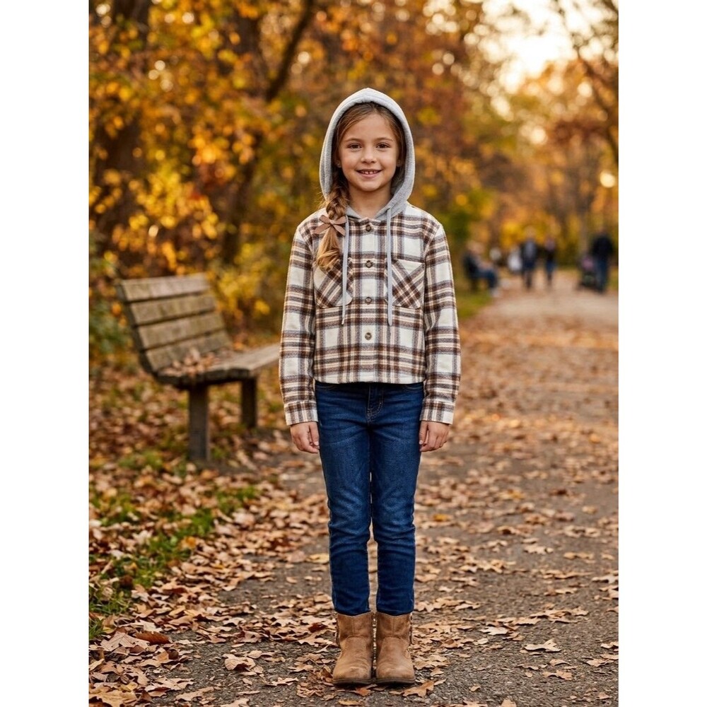 NWT No Boundaries Women's Juniors Plaid Hooded Flannel Shirt Jacket Brown M 7-9
